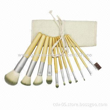 11-piece Bamboo brush set with original bamboo handles and class cosmetic pouch